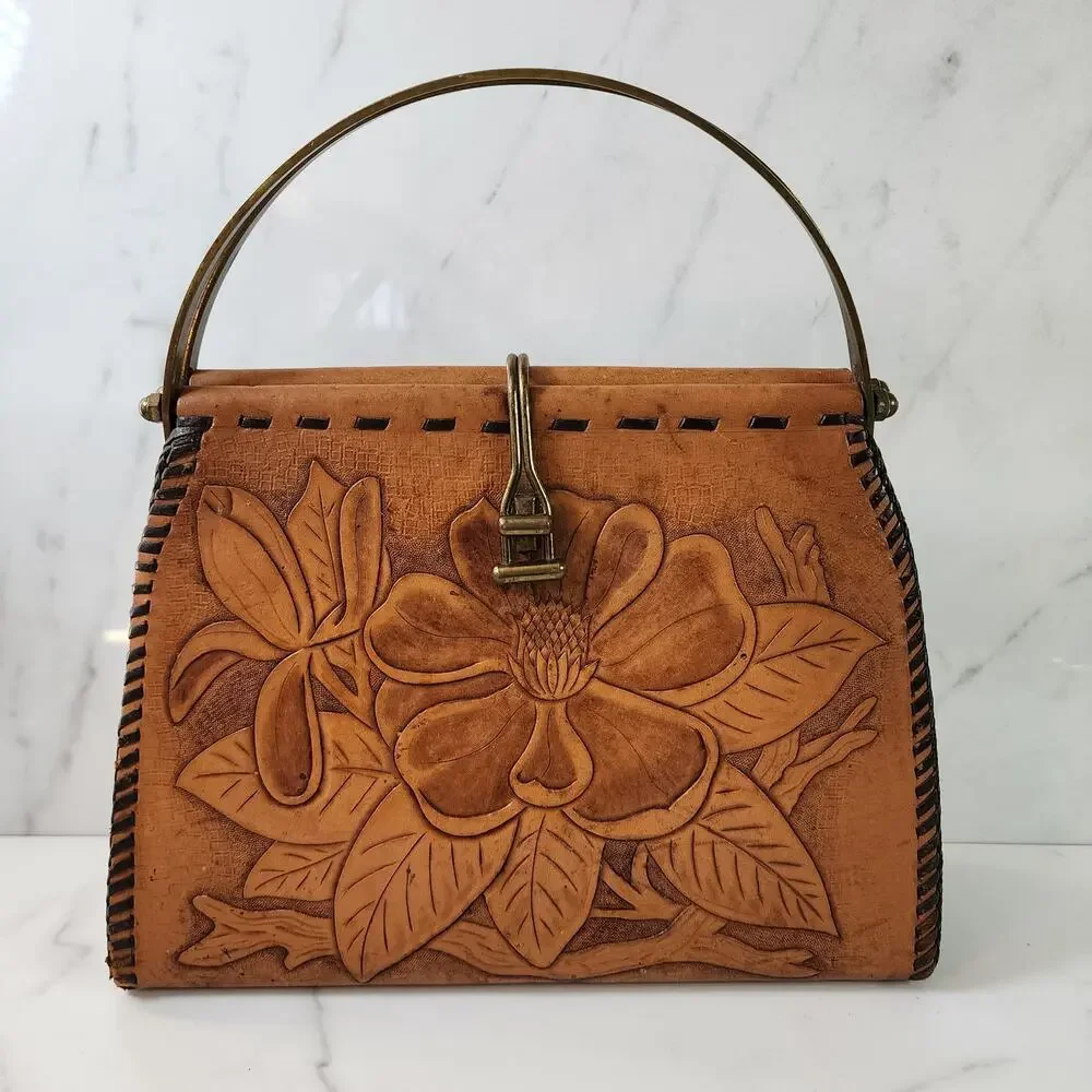 Vintage Tooled Leather Floral Handbag Artisan Western Purse
